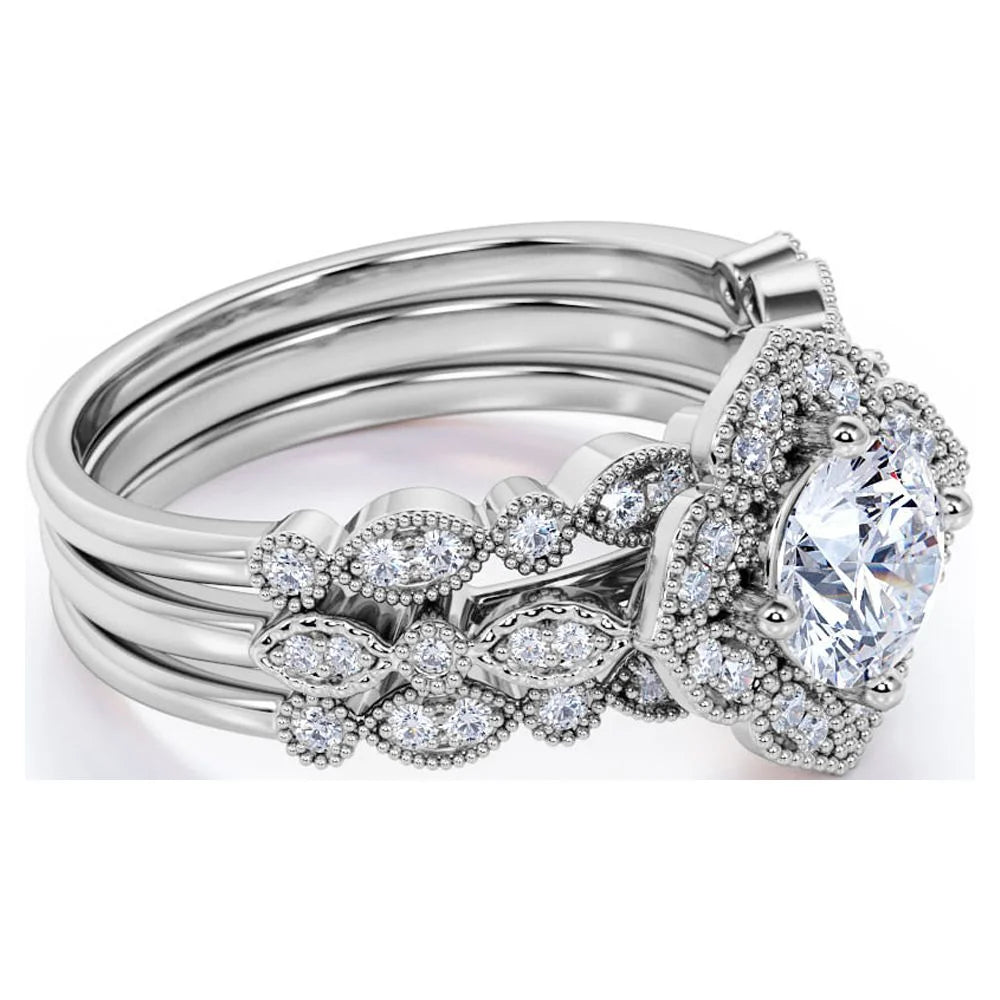 1.75 Carat round Cut Moissanite Trio Set - Bridal Set - Wedding Trio Set - Solitaire Ring - Anniversary Ring - 18K White Gold over Silver