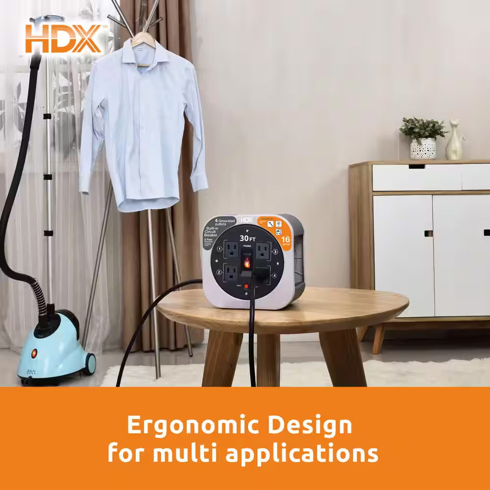 30 Ft. 16/3 Extension Cord Reel with 4 Grounded Outlets and Surge Protector in Gray