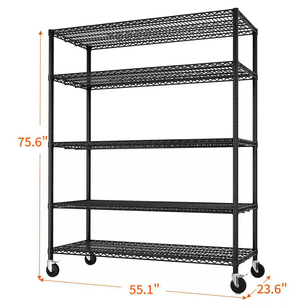 5-Tiers Steel Adjustable Garage Storage Shelving Unit in Black with Wheels (55.12 In. W X 75.59 In. H X 23.62 In. D)