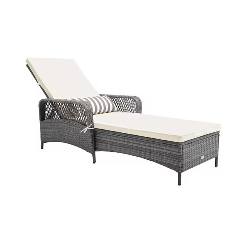 Outdoor Chaise Lounge Chair Recliner Rattan Mix Gray Steel Frame Stationary Chaise Lounge Chair with Off-White Polyester Cushioned Seat