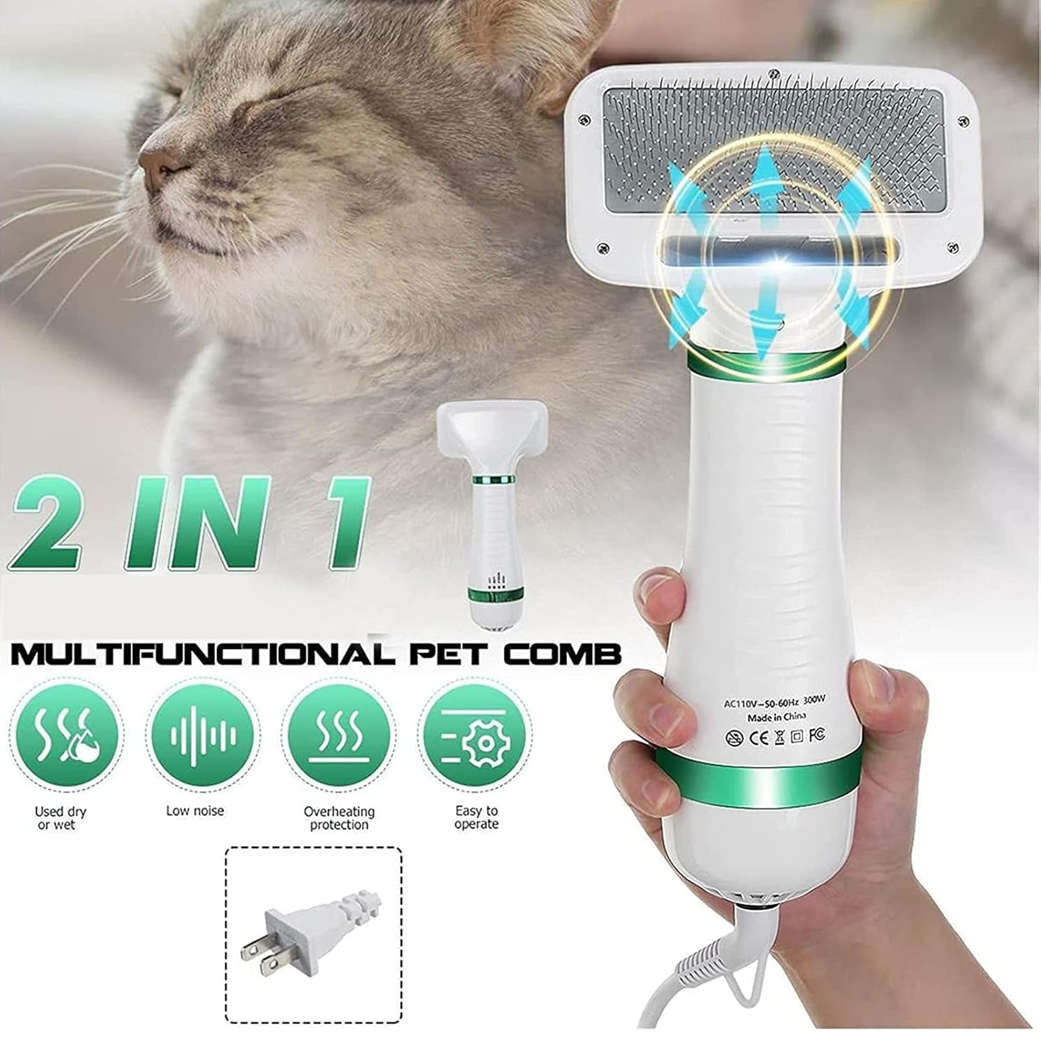 Pet Hair Dryer Portable 2 in 1 Upgraded Professional Quiet Dog Cat Hair Furry Blower, Home Pet Grooming Dog Hair Comb 3 Heat Settings Pet Brush for Small Medium Large Dog Kitten (Green)