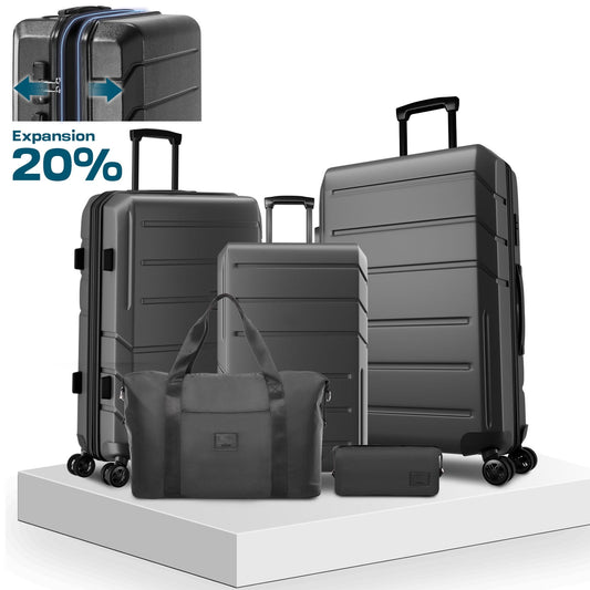 5 Piece Luggage Set Expandable ABS+PC Hardshell Carry on Suitcase with Spinner Wheels & TSA Lock for Men and Women, Rolling Suit Case for Plane, Travel, Business, Black (20/24/28/DB/TB)
