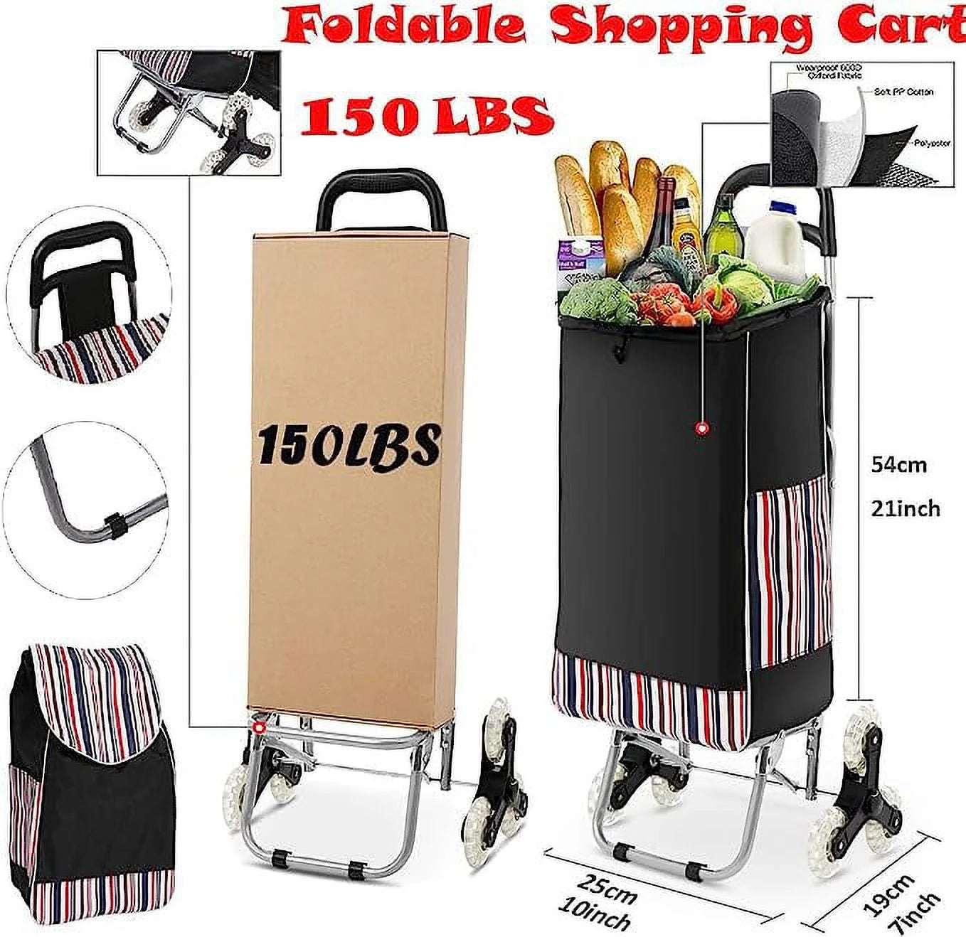 No5061025 Folding Shopping Cart Grocery Wagon with Stair Climbing Wheels Red