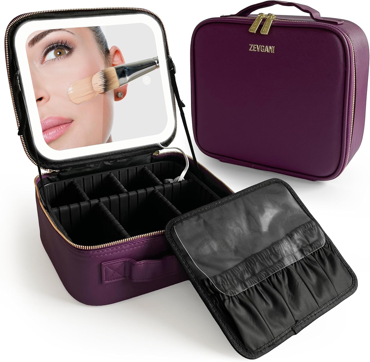 Travel Makeup Bag with LED Mirror, Rechargeable Lighted Makeup Case with Adjustable Brightness & Dividers, Portable Makeup Box Organizer Vanity Case for Toiletries & Brushes, Plum Purple