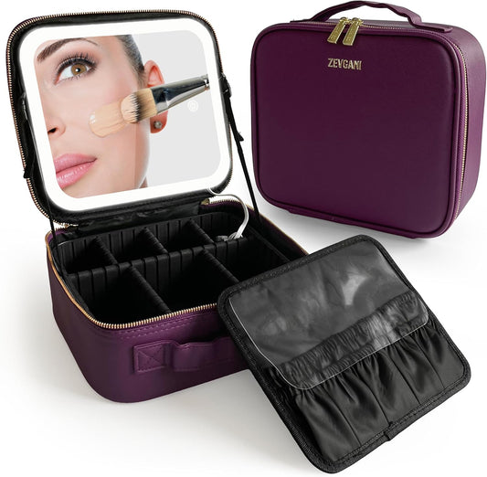 Travel Makeup Bag with LED Mirror, Rechargeable Lighted Makeup Case with Adjustable Brightness & Dividers, Portable Makeup Box Organizer Vanity Case for Toiletries & Brushes, Plum Purple