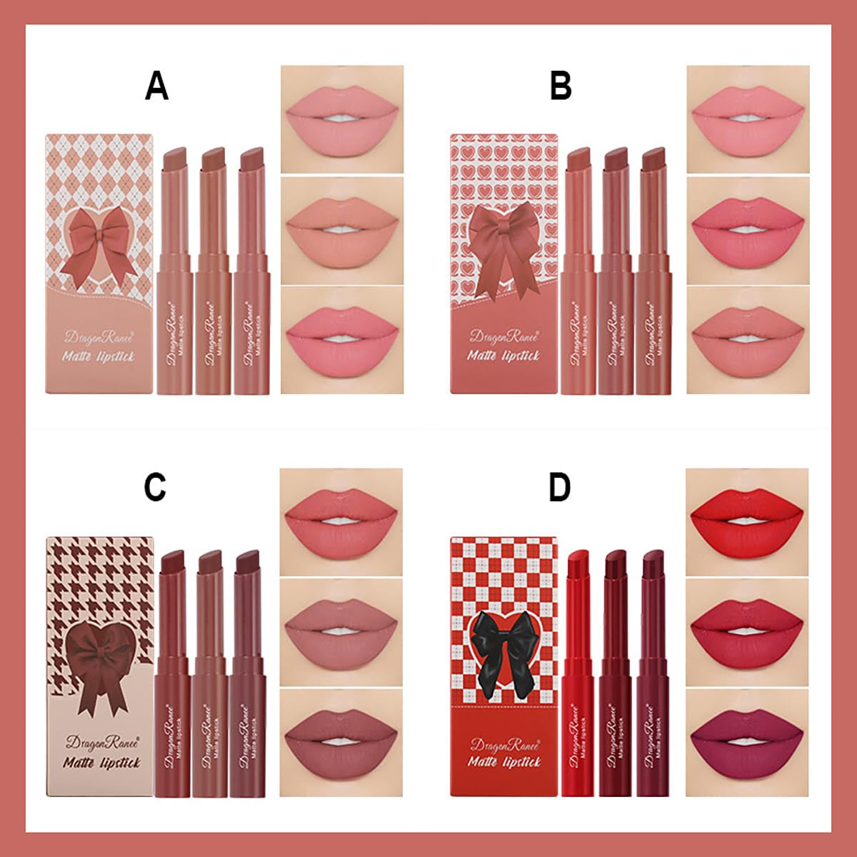 3 Colors Red Tube Lipstick, Cigarette Lipstick Set, Labiales Mate Velvet Lipstick Moisturizer & Smooth, Long Lasting 24 Hours Waterproof (Set B)