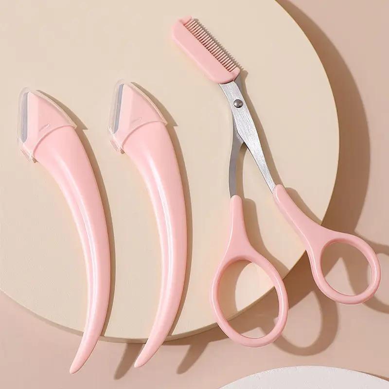 2 crescent shaped eyebrow trimmers+1 pink eyebrow trimmer, pink eyebrow trimmer scissors with built-in comb, stainless steel material, precise grooming tool, creating perfect eyebrows