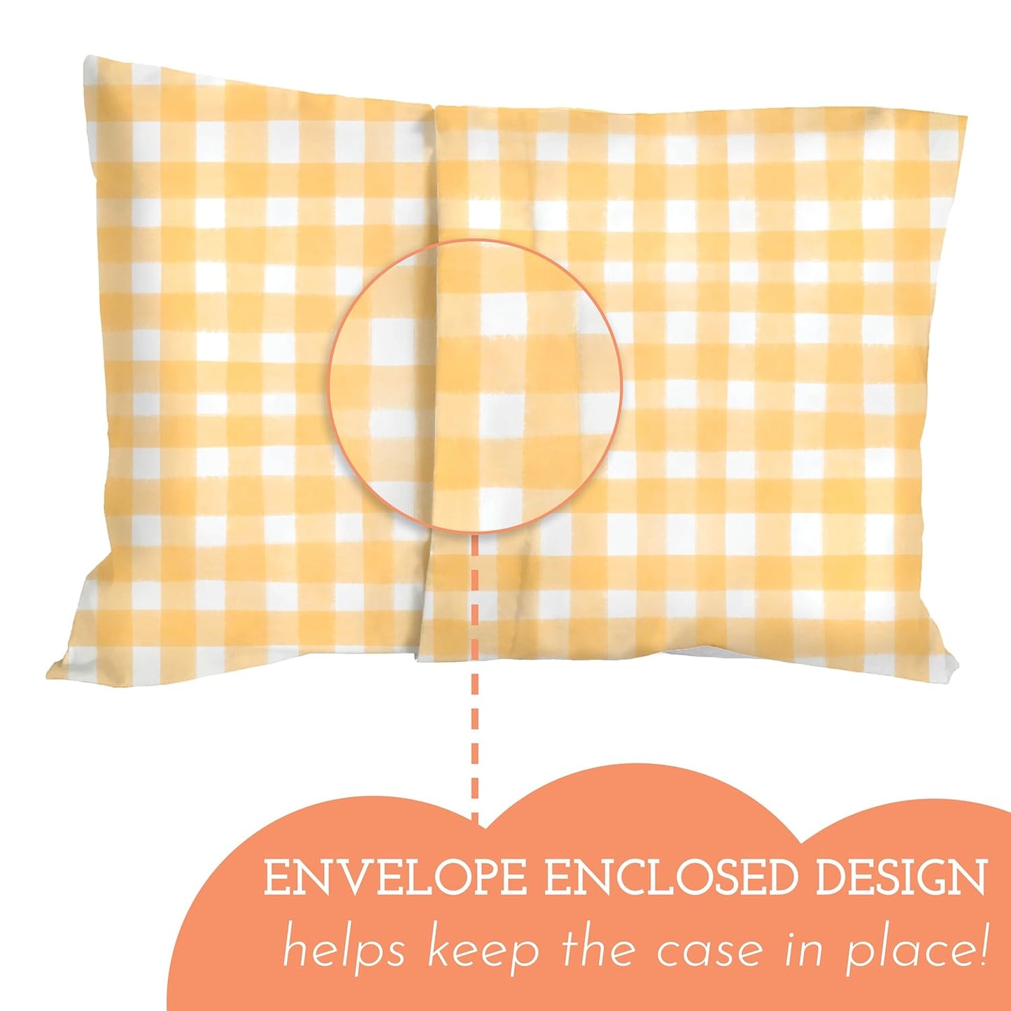 Youth Pillow Case - 100% Made Cotton & Hypoallergenic Pillow Case - Snug Fit Envelope Pillowcase Enclosure - Youth Pillow 16X22 Size - (Gingham Yellow) Design Travel Pillow Cover