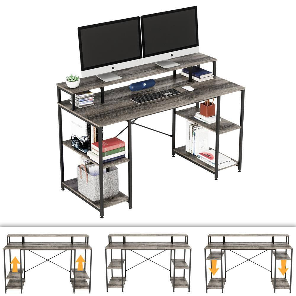 58 In. L-Shaped Rustic Brown LED Gaming Desk with Storage Shelf and Power Outlets