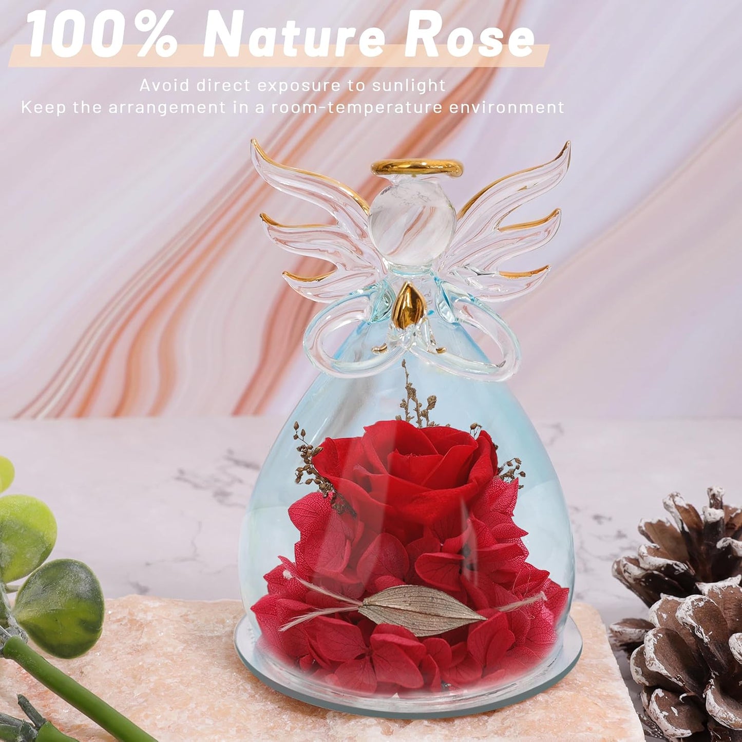 Preserved Rose Birthday Gifts for Women Mom Grandma Wife, Glass Angel Figurines Gifts with Pretty Red Flowers for Anniversary Wedding
