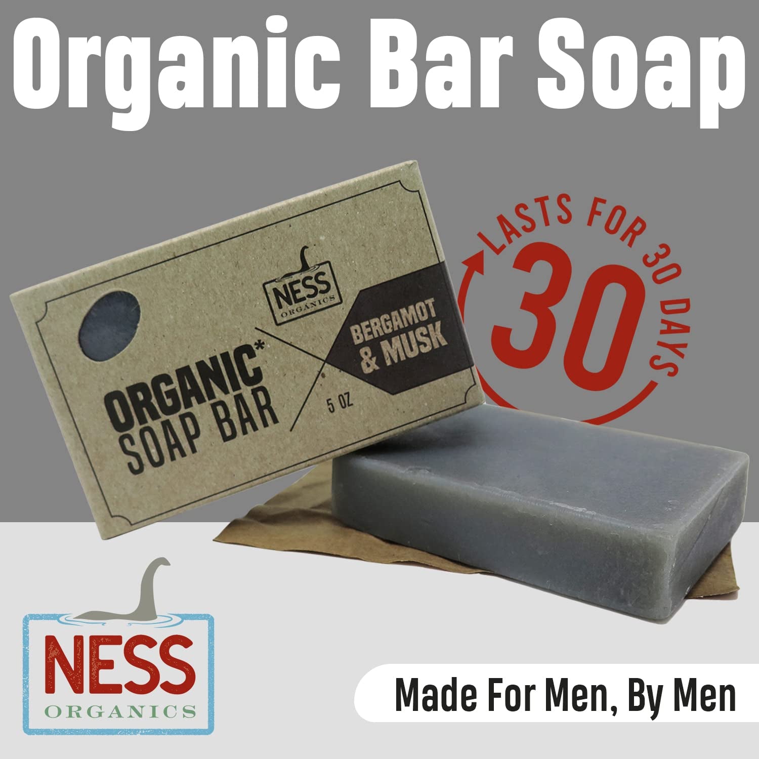 Ness Mens Soap Bar - Bergamot & Musk Scent, All Natural with Organic Ingredients, Mens Bar Soap with Essential Oils, Moisturizing Bar Soap for Men, Handmade in the USA, Cruelty Free, Vegan