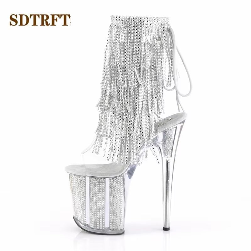 Stilettos 20Cm Thin Heels Ankle Boots Transparent Platforms Shoes Woman Rhinestone Tassels Botas Mujer Sequined Pumps