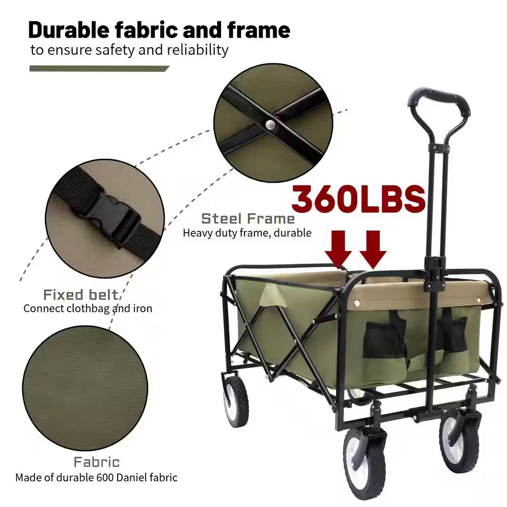 17 Cu. Ft. Army Green Fabric Collapsible Garden Cart, Utility Wagon W/Strap and All-Terrain Wheels for Outdoor Shopping