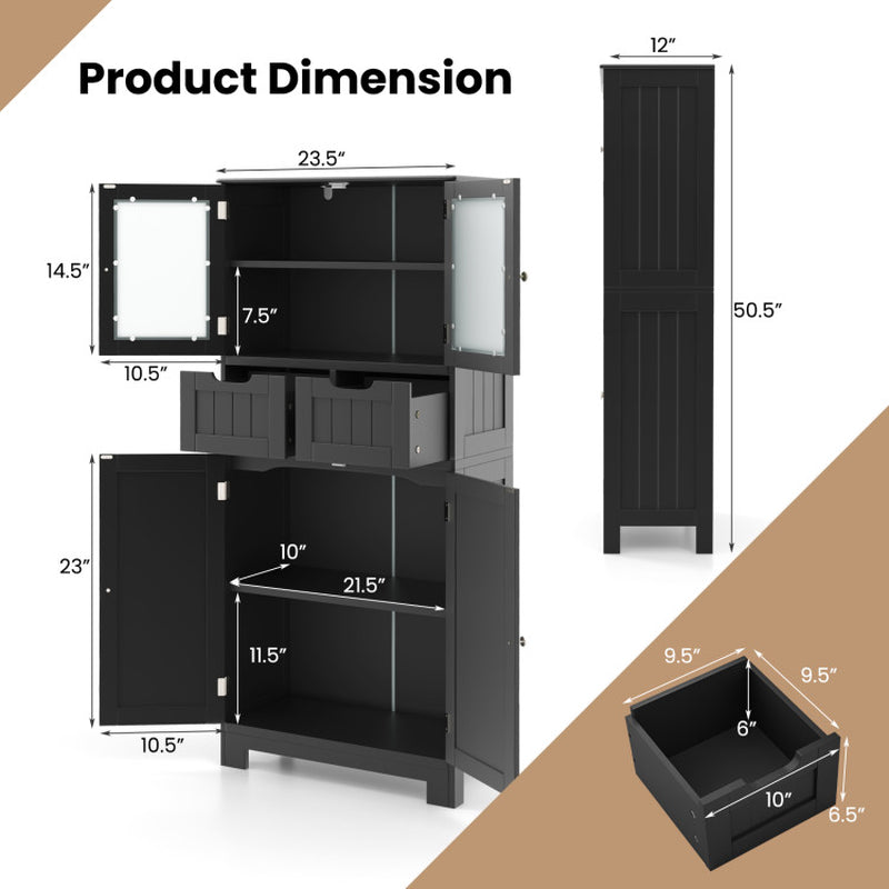 4 Door Freestanding Bathroom Floor Storage Cabinet with 2 Drawers and Glass Doors
