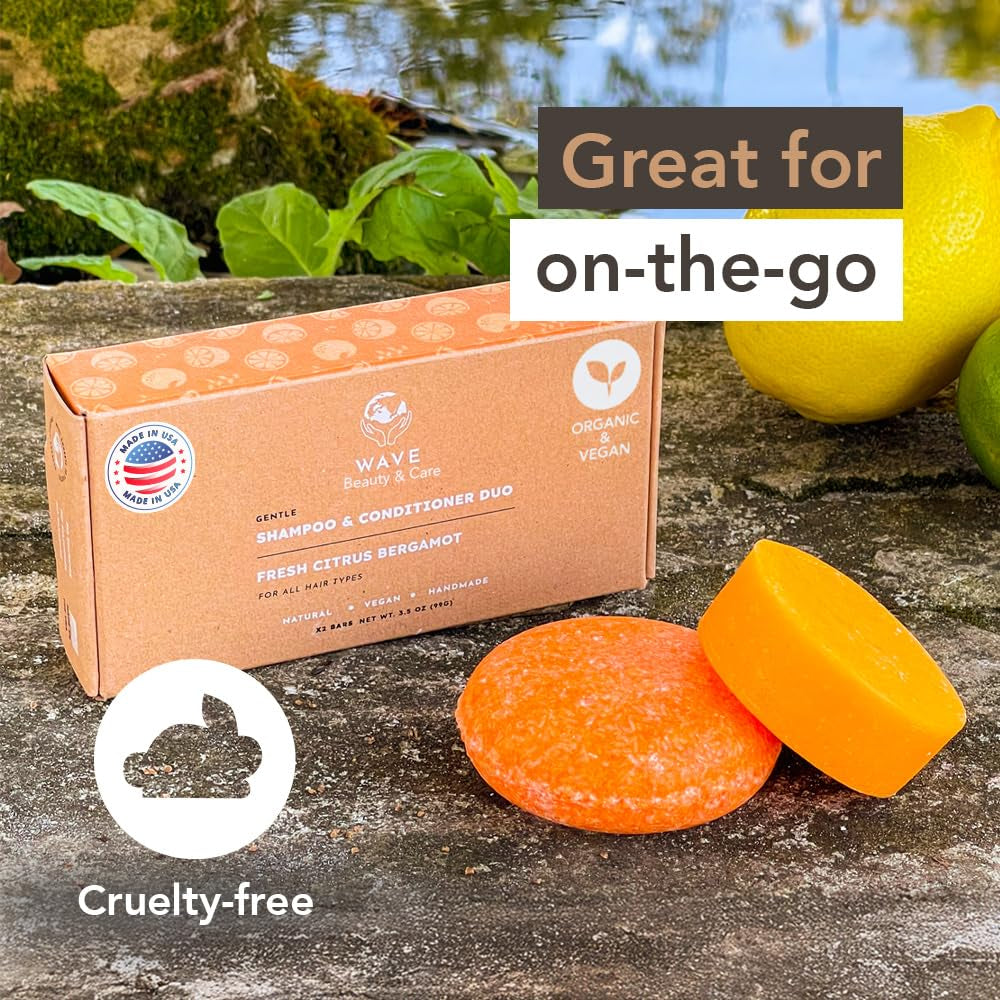 Fresh Citrus Shampoo Bar & Conditioner Bar Set - Vegan & Sulfate-Free - Handmade Moisturizing Solid Bars for All Hair Types - Convenient for Travel, Long-Lasting, (80-120 Uses) - Citrus