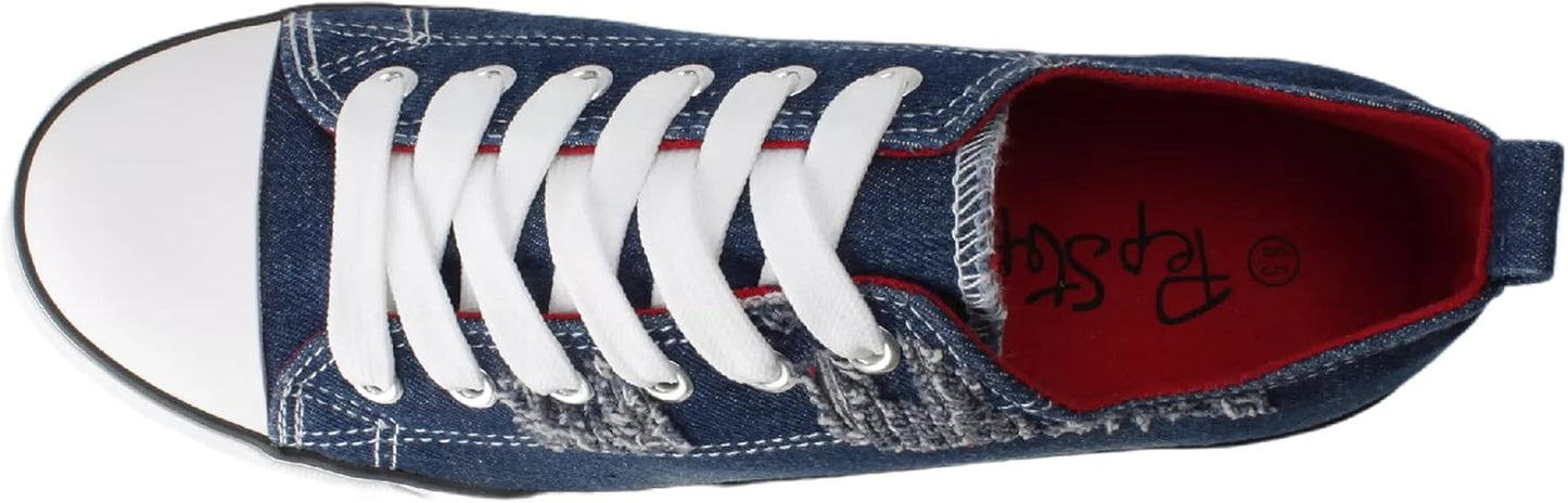 Women'S Low Top Canvas Sneaker Shoes, Comfortable Brushed Washed Denim Upper, Lace Up, Perfect for Gym, Walking or Dress