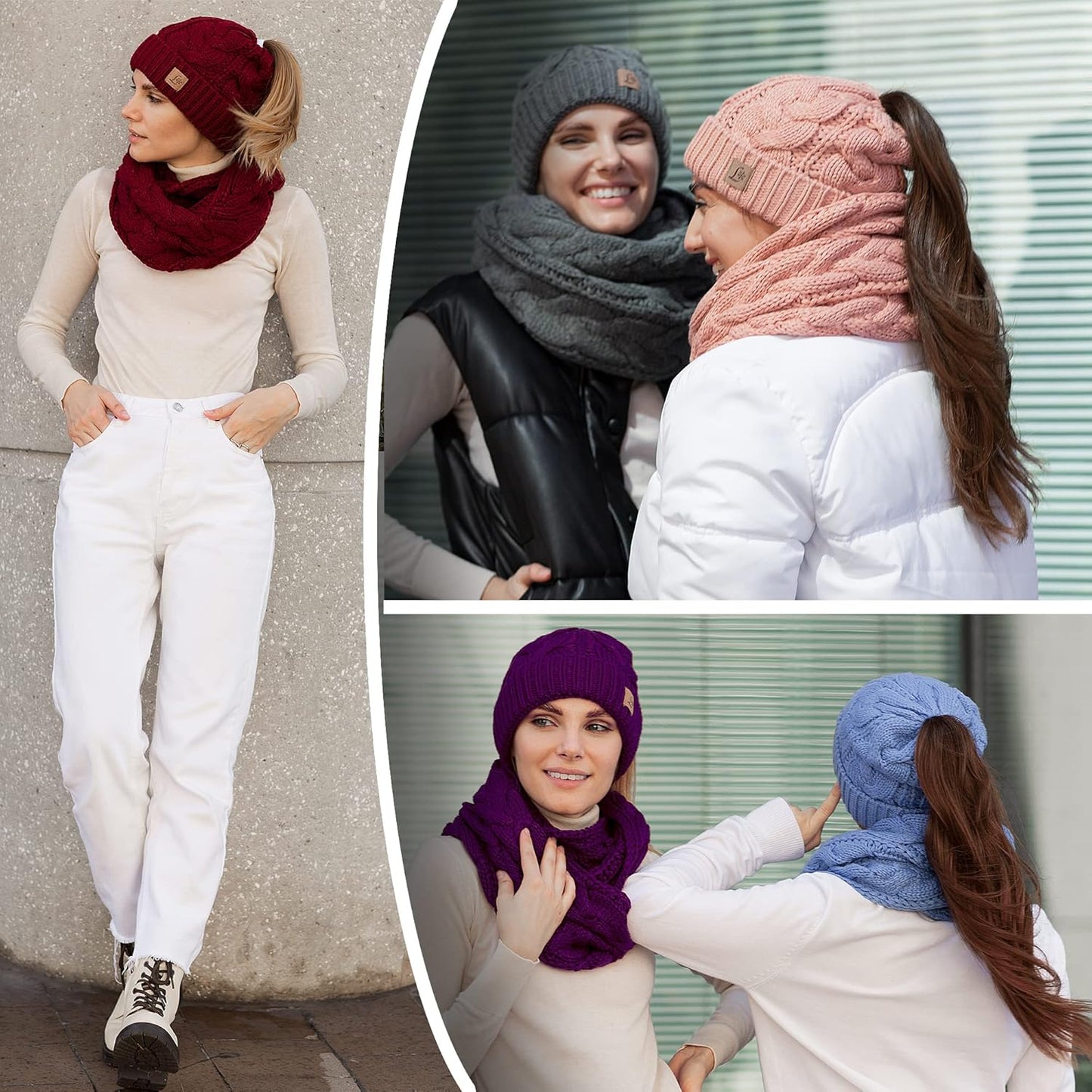 Ponytail Beanie Winter Set Knitted Hat Scarf Beanietail Hat Scarf Set Warm Women Hats Women Hat Scarf Winter