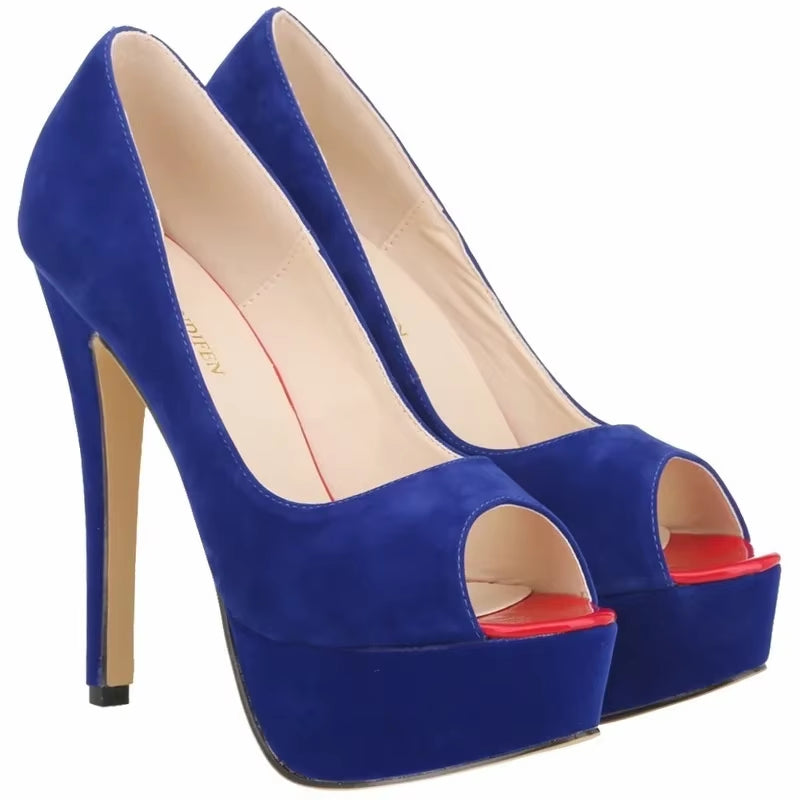 Women Stilettos Sexy High Heels Shoes Peep Toe Velvet Pumps Platform Lady Evening Party Red Wedding Black Office Shoes 817-16VE