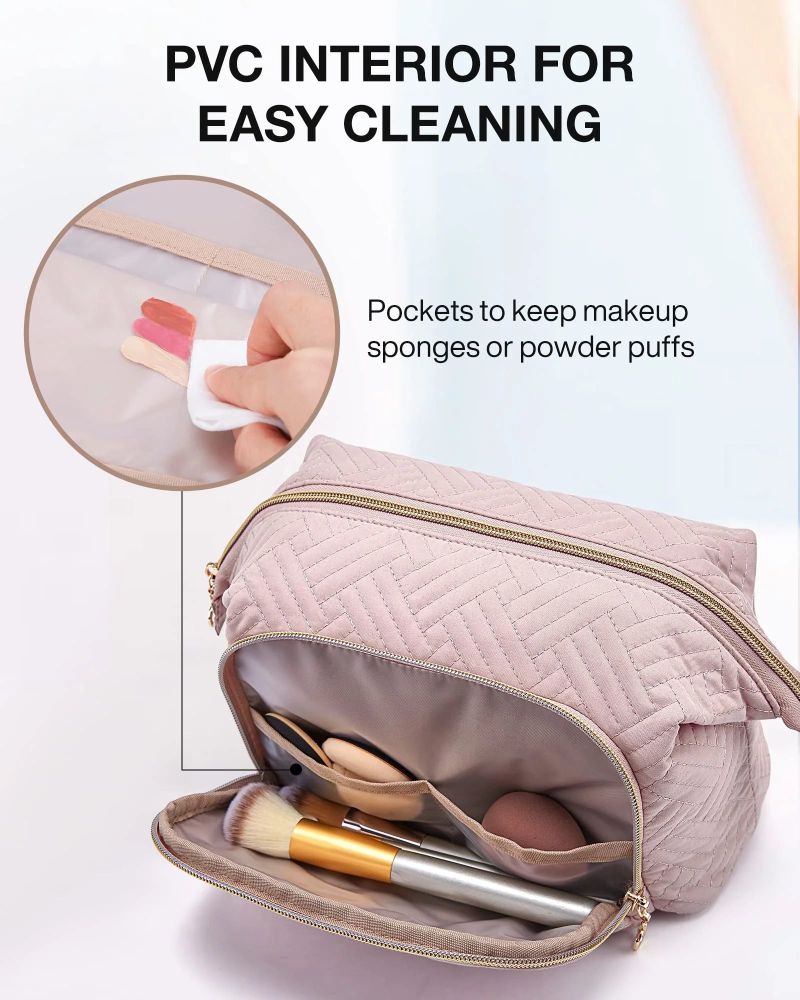 Large Capacity Makeup Bag Cosmetic Pouch, Wide-Open Travel Toiletry Bag Organizer Case for Lipsticks Electonic Accessories, Waterproof Portable, Multifunction, Pink