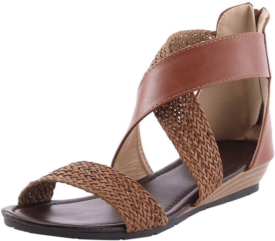 Women Braided Sandals Summer Non-Slip Comfortable Wedge Heels Open Toe Zipper Beach Bottom Sandals by Brown