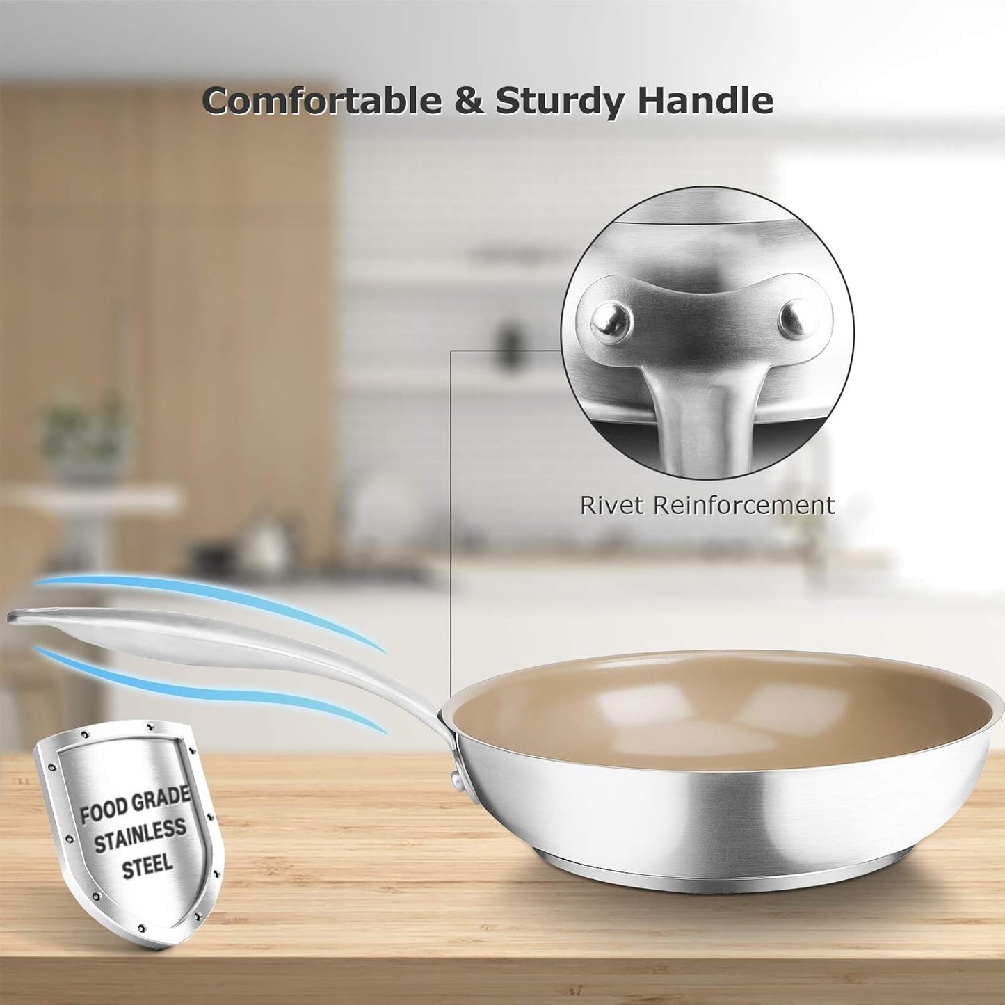 Ceramic Non-Stick Frying Pan, Stainless Steel Induction Frying Pan, 8-Inch Stir Fry Pan with Heavy-Gauge Impact-Bonded Bottom, FUSION Ti