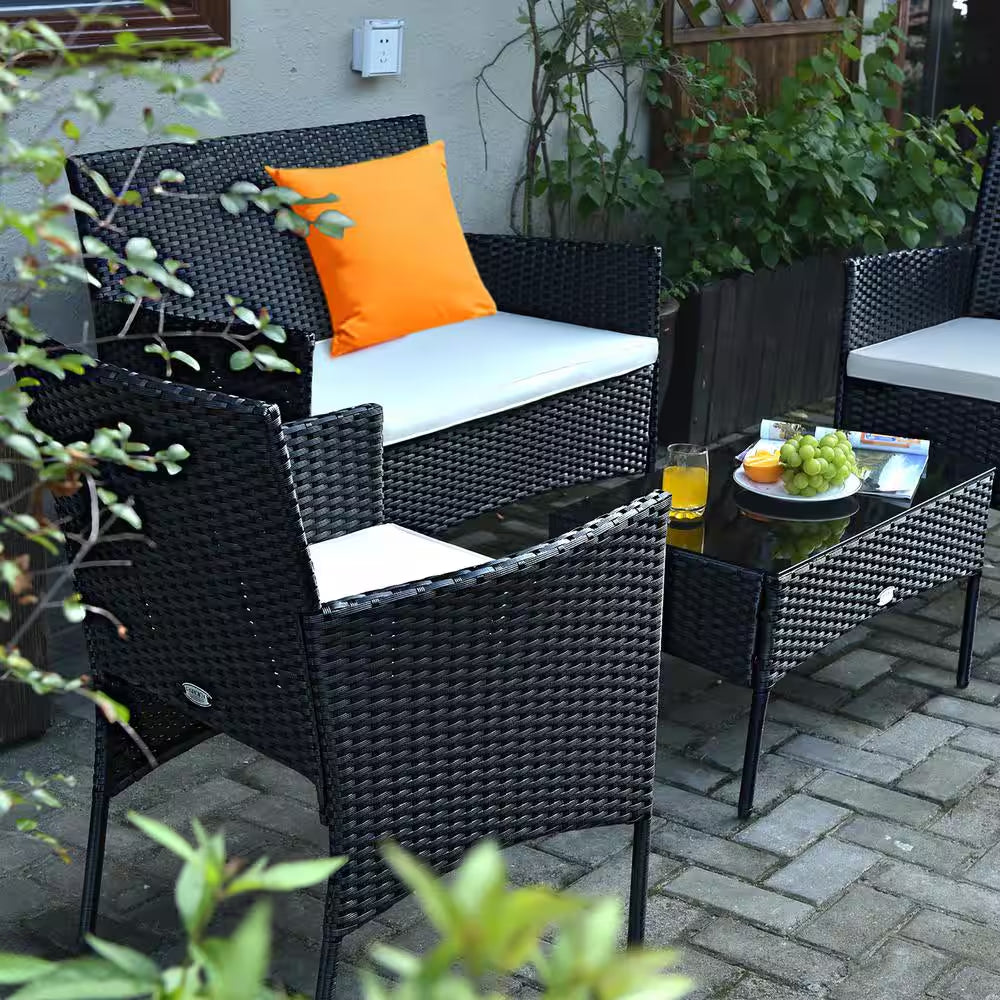 4-Piece Wicker Patio Conversation Set with White Cushions, Outdoor Rattan Furniture Set, Loveseat, Sofa Garden
