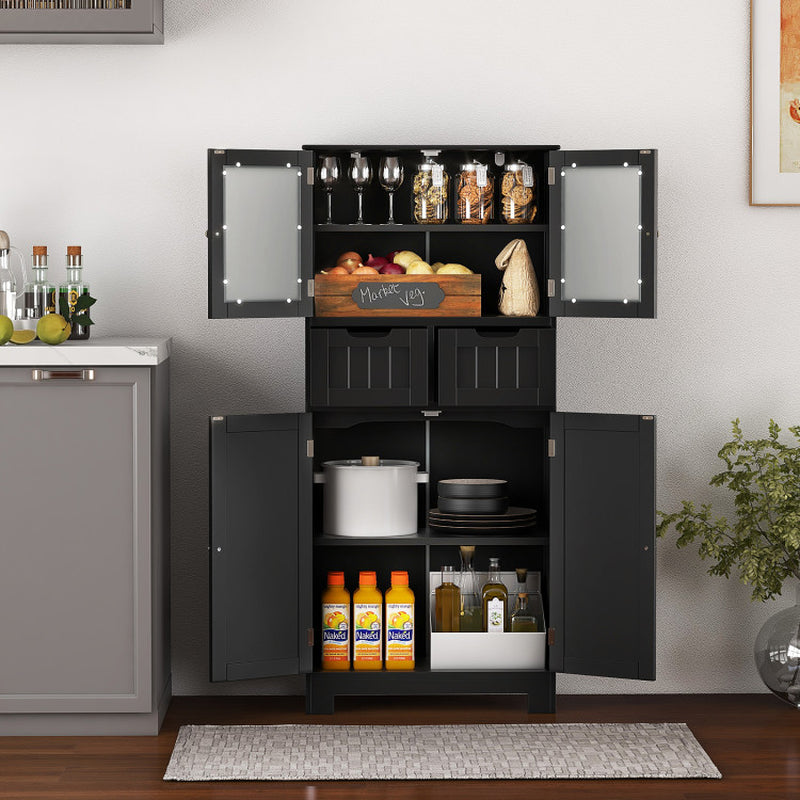 4 Door Freestanding Bathroom Floor Storage Cabinet with 2 Drawers and Glass Doors
