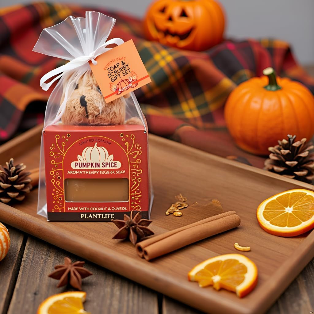 Bear Bath Scrubby with a Pumpkin Spice Soap Set - Gently Natural Ramie Scrubby with Soothing Soap for Your Skin - Kid Tested with No Removable Parts