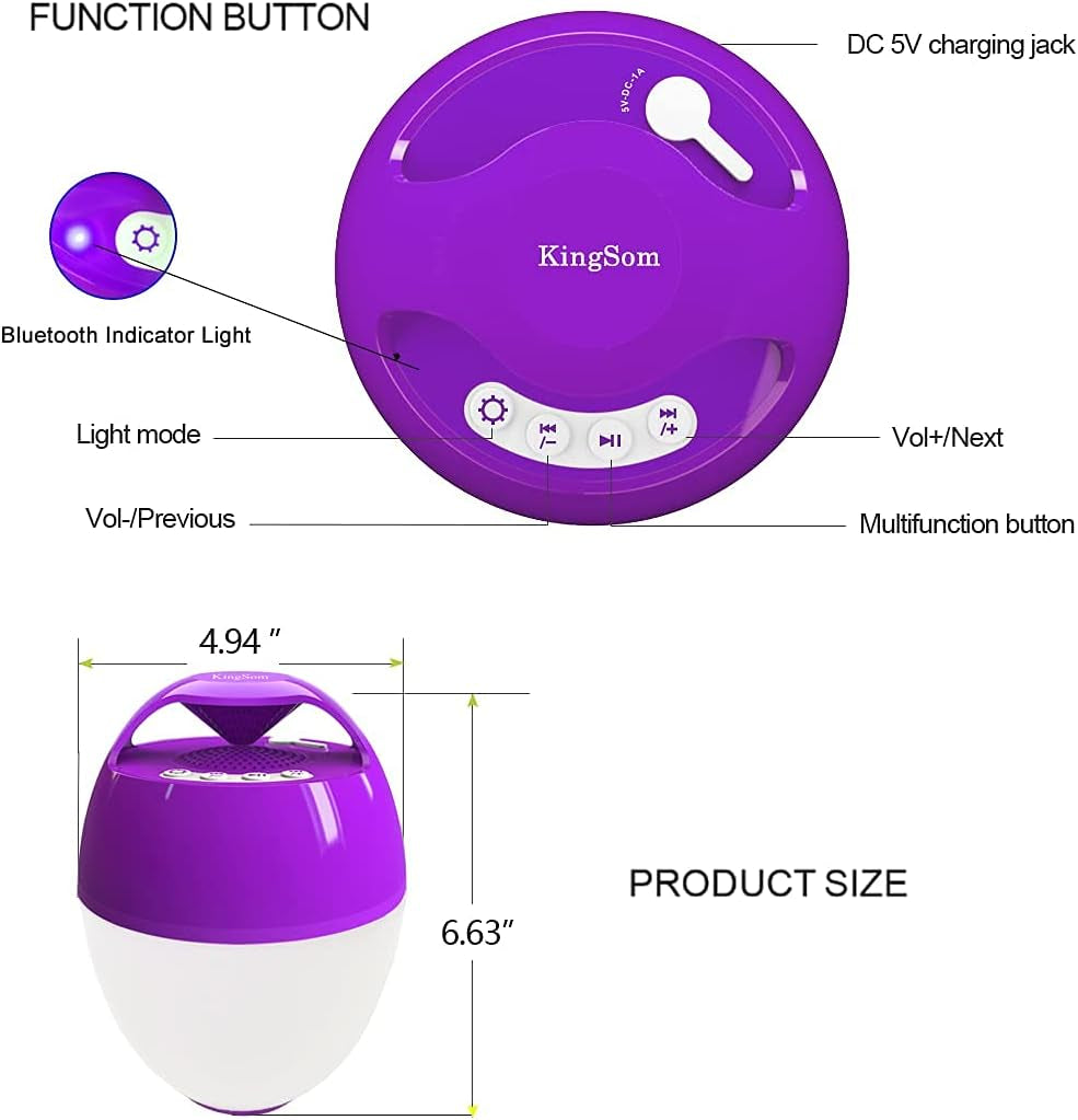 CT602 Bluetooth 5.0 Waterproof Pool Speaker with 8 Color Changing Modes, HD Stereo Sound, Rich Bass, Hands-Free Portable Shower Speaker for Hot Tub, Bathtub, Outdoor