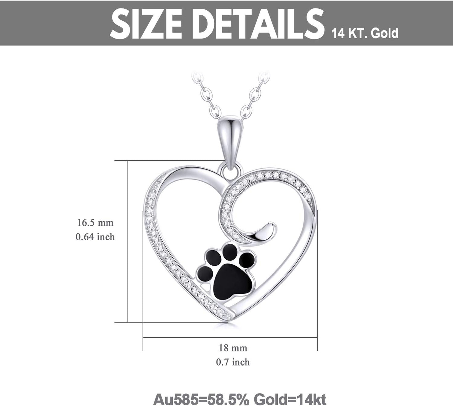 14K Gold Heart Pendant Necklace for Women, Real Gold Dog Cat Paw Print Jewelry Gifts for Her, 16-18 Inch