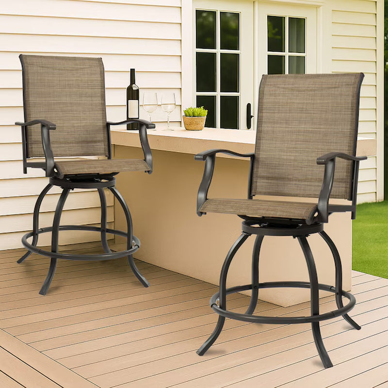 Patio Chairs Set of 2 Brown/Powder Coated Steel Frame Swivel Bar Stool Chair with Beige Woven Seat