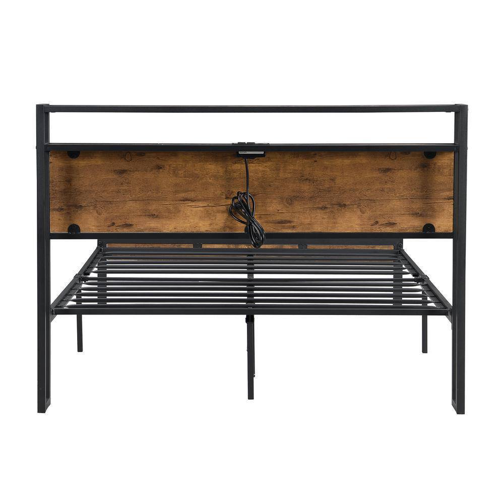 Modern Industrial Black Metal Frame Queen Platform Bed with Wooden Storage Headboard, Charging Station, Underbed Storage