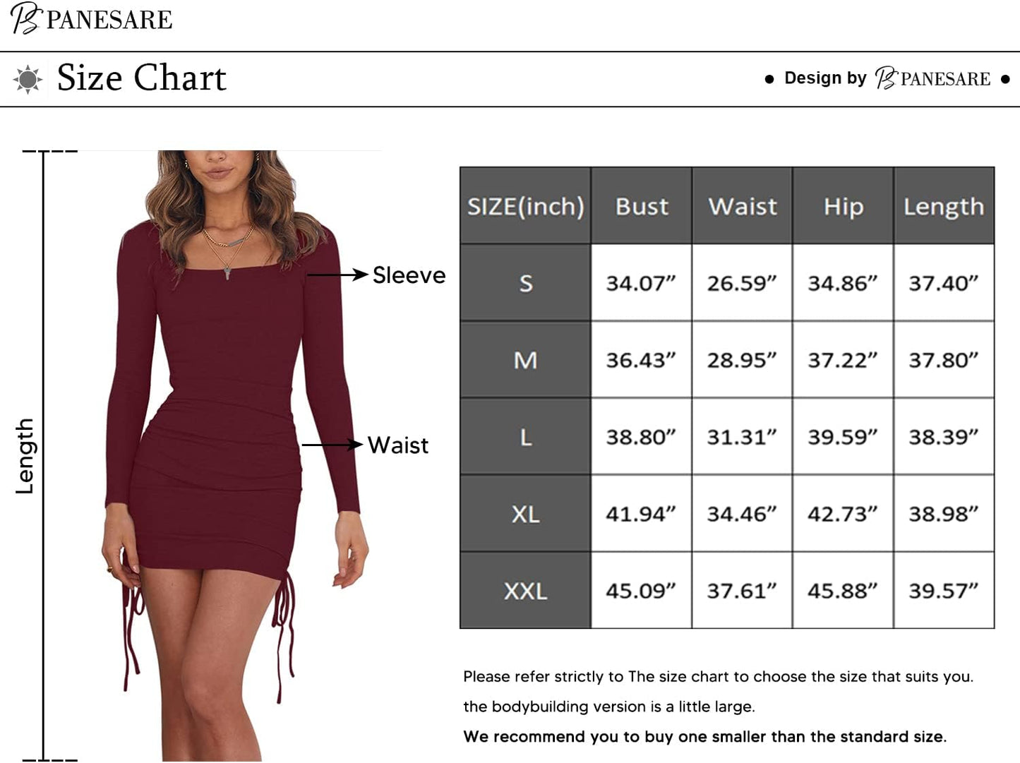 Women'S Square Neck Long Sleeve Bodycon Dress Drawstring Club Ruched Mini Dress Brown Medium
