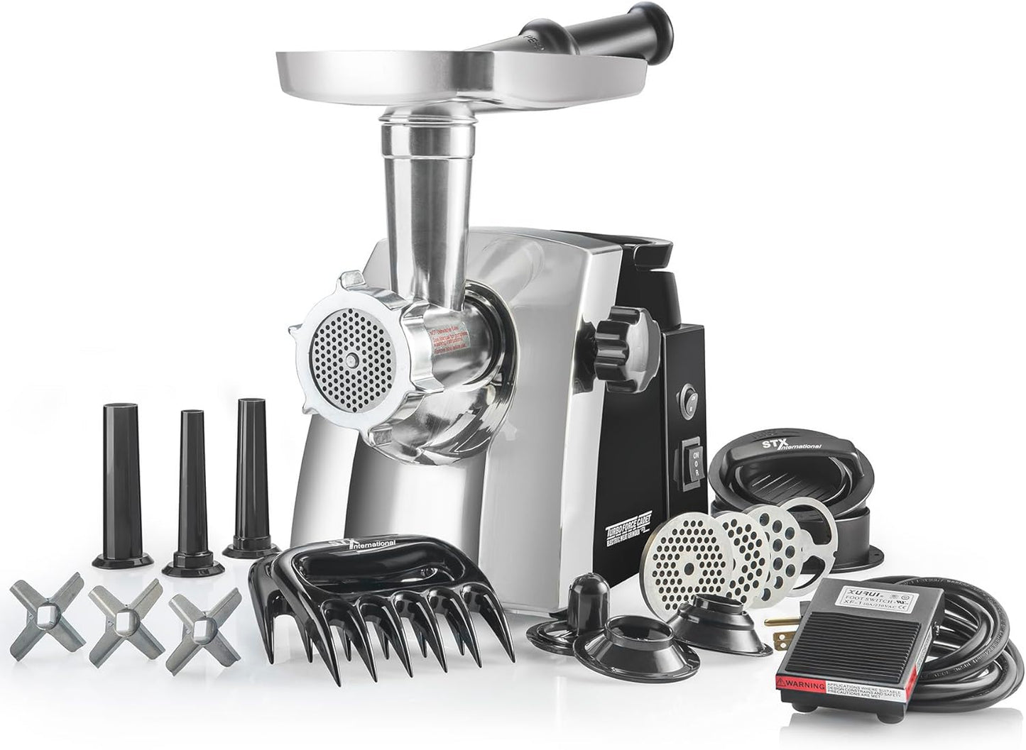Turboforce Cadet 2000 Series Electric Meat Grinder | 6-In-1 Multifunctional | Foot Pedal | Sausage Stuffer | Kubbe Maker | 4 Grinding Die | Stainless Steel Blades & More Included