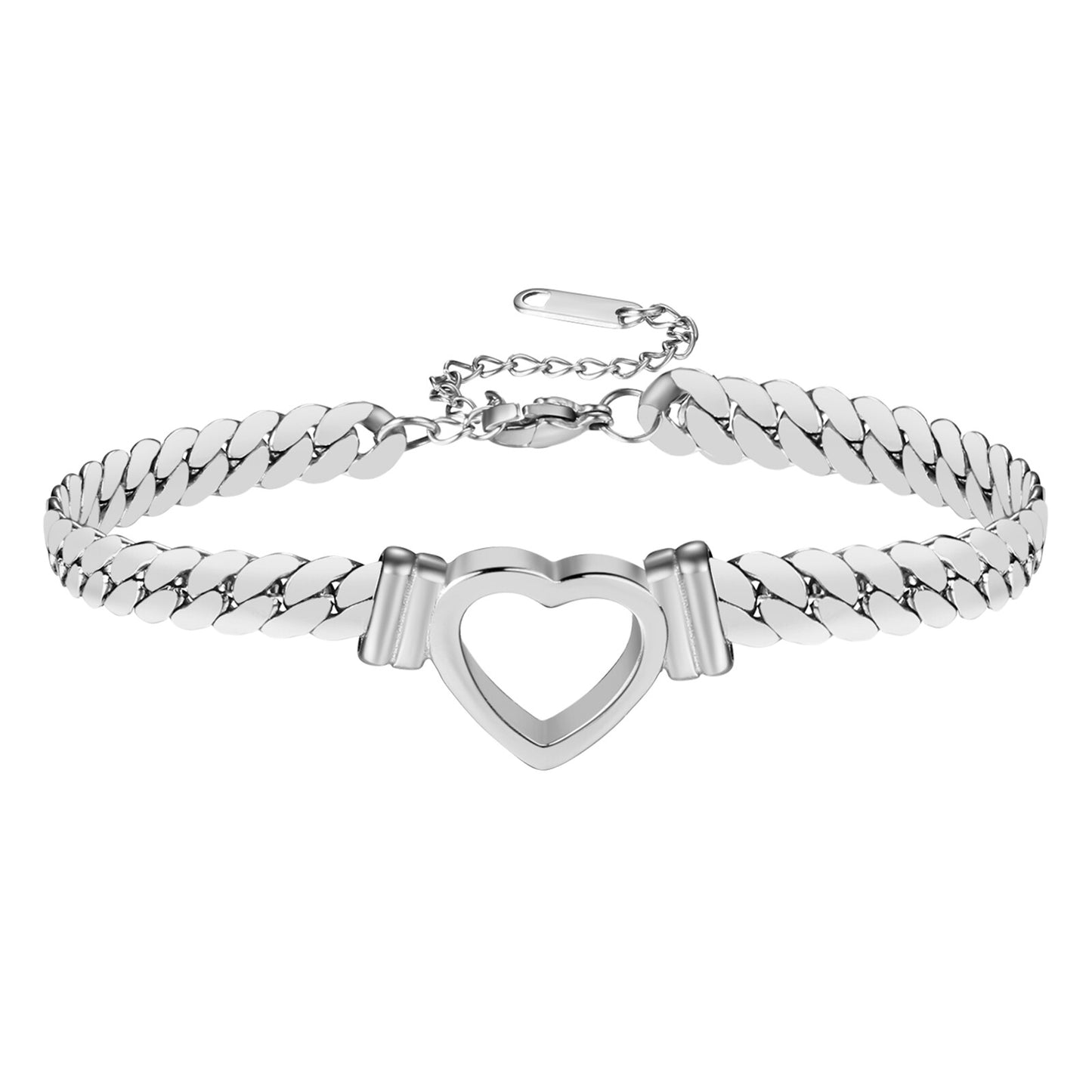 Women'S Chunky Cuban Link Bracelet Stainless Steel Flat Heart Chain Adjustable