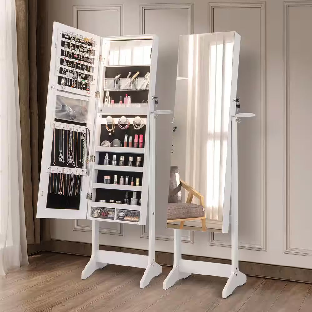 White Wood 16 In. W Standing Jewelry Armoire Cabinet Full Length Mirror Lockable with 3-Color LED Lights