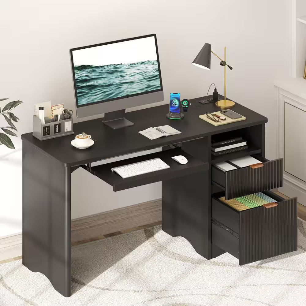 55 In. Black Office Desk with Power Outlets, 2-Storage Drawers and Keyboard Tray