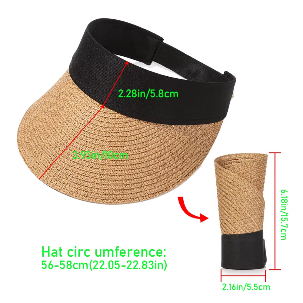 Summer Empty Top Suncap Portable Foldable Magic Tape Roll-Up Beach Hat Wide Brim Women Sun Hat Fashion Casual Straw Cap Visors