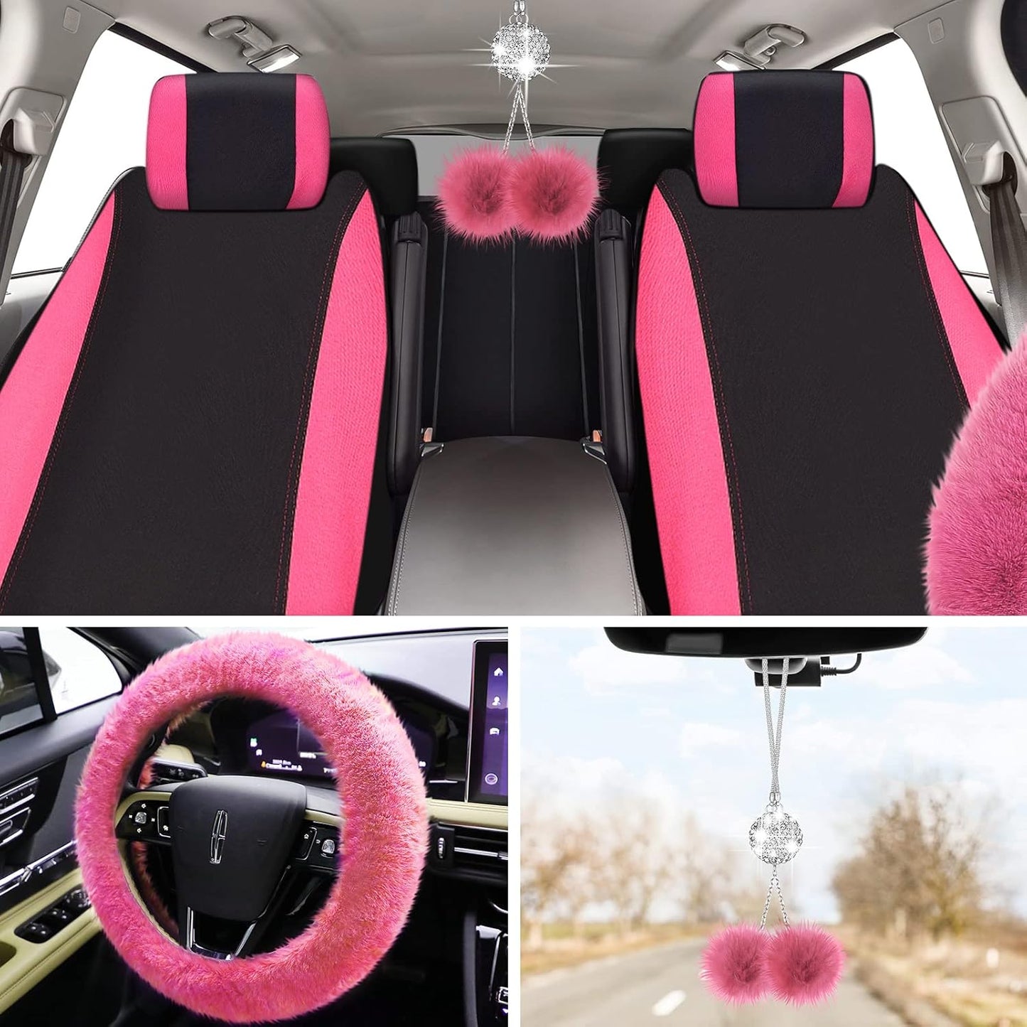 17 Pcs Car Seat Cover Full Set for Women Fluffy Fuzzy Car Accessories Christmas Front Rear Steering Wheel Fleece Handbrake Shift Covers Hanging Accessory Holder Ring Emblem(Pink Black)