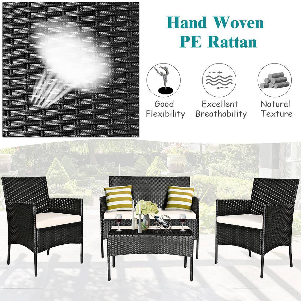 4-Piece Wicker Patio Conversation Set with White Cushions, Outdoor Rattan Furniture Set, Loveseat, Sofa Garden
