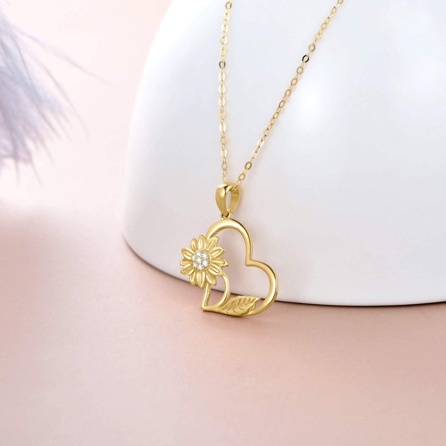 14K Gold Sunflower Heart Necklace for Women,"You Are My Sunshine" Real Gold Love Jewelry Gifts for Wife Girlfriend, Present for Her16"-18"