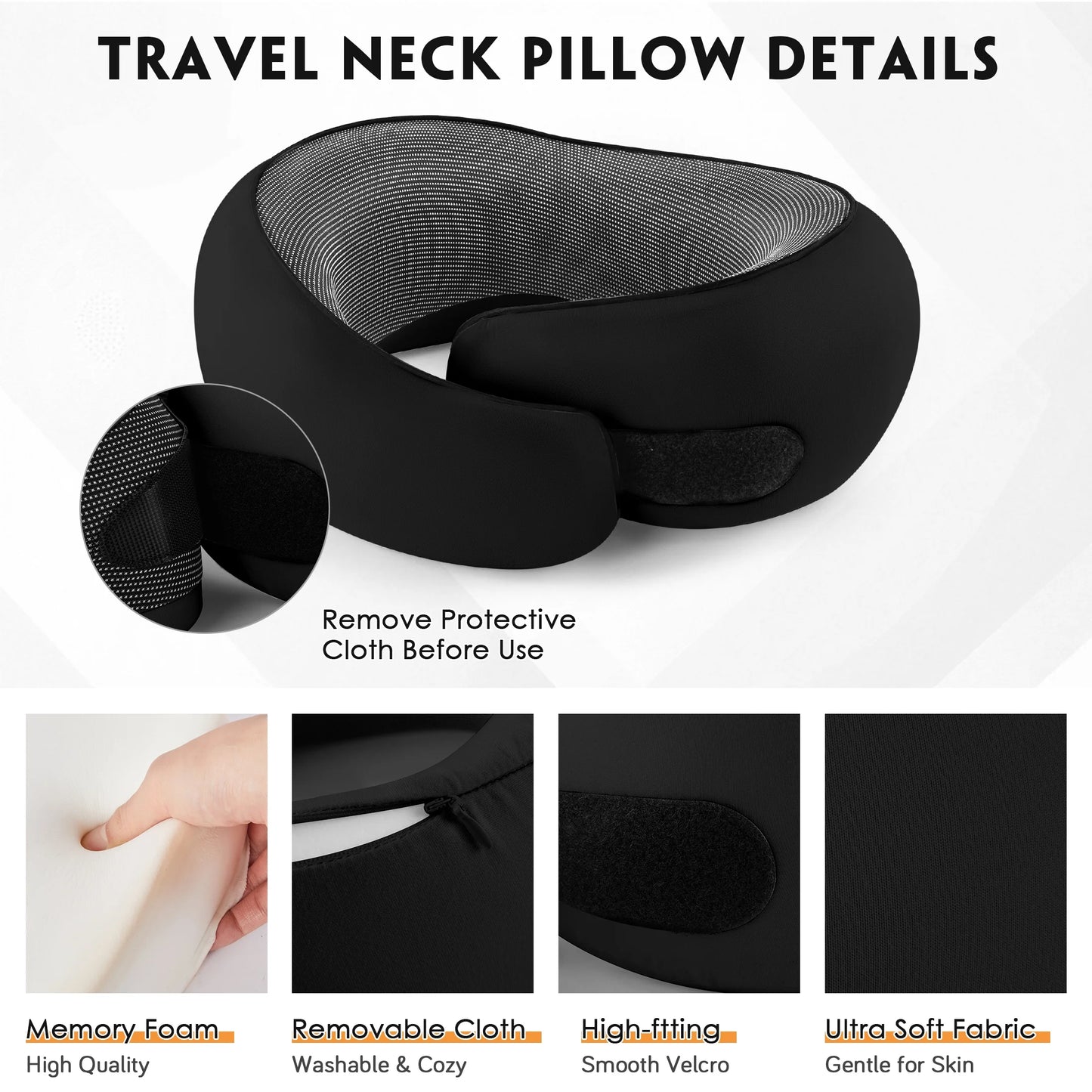 Travel Pillows for Airplanes, Travel Neck Pillow Travel Pillow, 360° Support Memory Foam Travel Pillow with 3D Contoured Eye Mask, Earplugs and Storage Bag for Airplanes Offices, Cars, Black