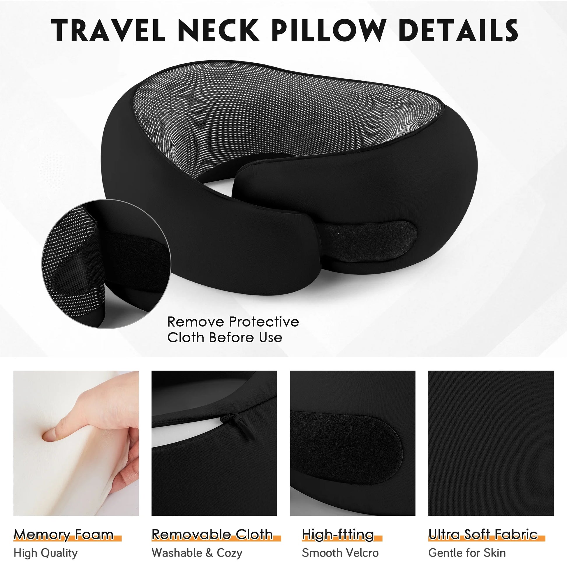Travel Pillows for Airplanes, Travel Neck Pillow Travel Pillow, 360° Support Memory Foam Travel Pillow with 3D Contoured Eye Mask, Earplugs and Storage Bag for Airplanes Offices, Cars, Black