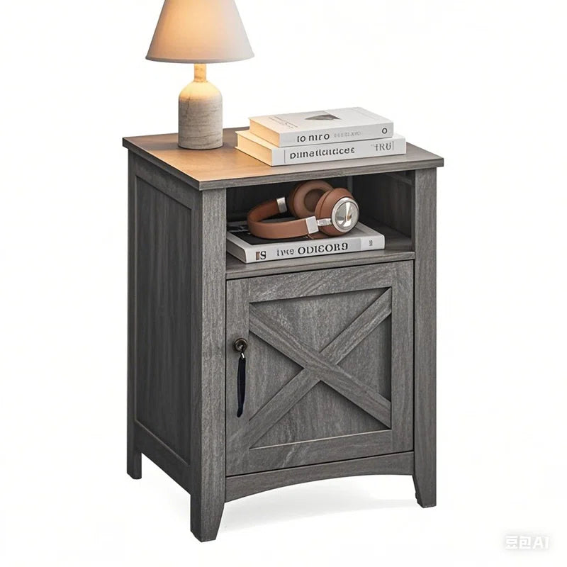 Bauman Farmhouse Nightstand, Bedside Table with a Cabinet and Open Compartment