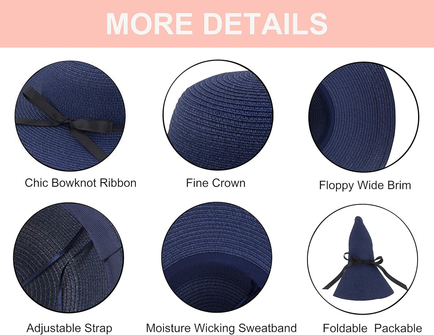 Womens Wide Brim Straw Sun Hat Floppy Foldable Roll up Cap UPF 50+ Summer Beach Hats