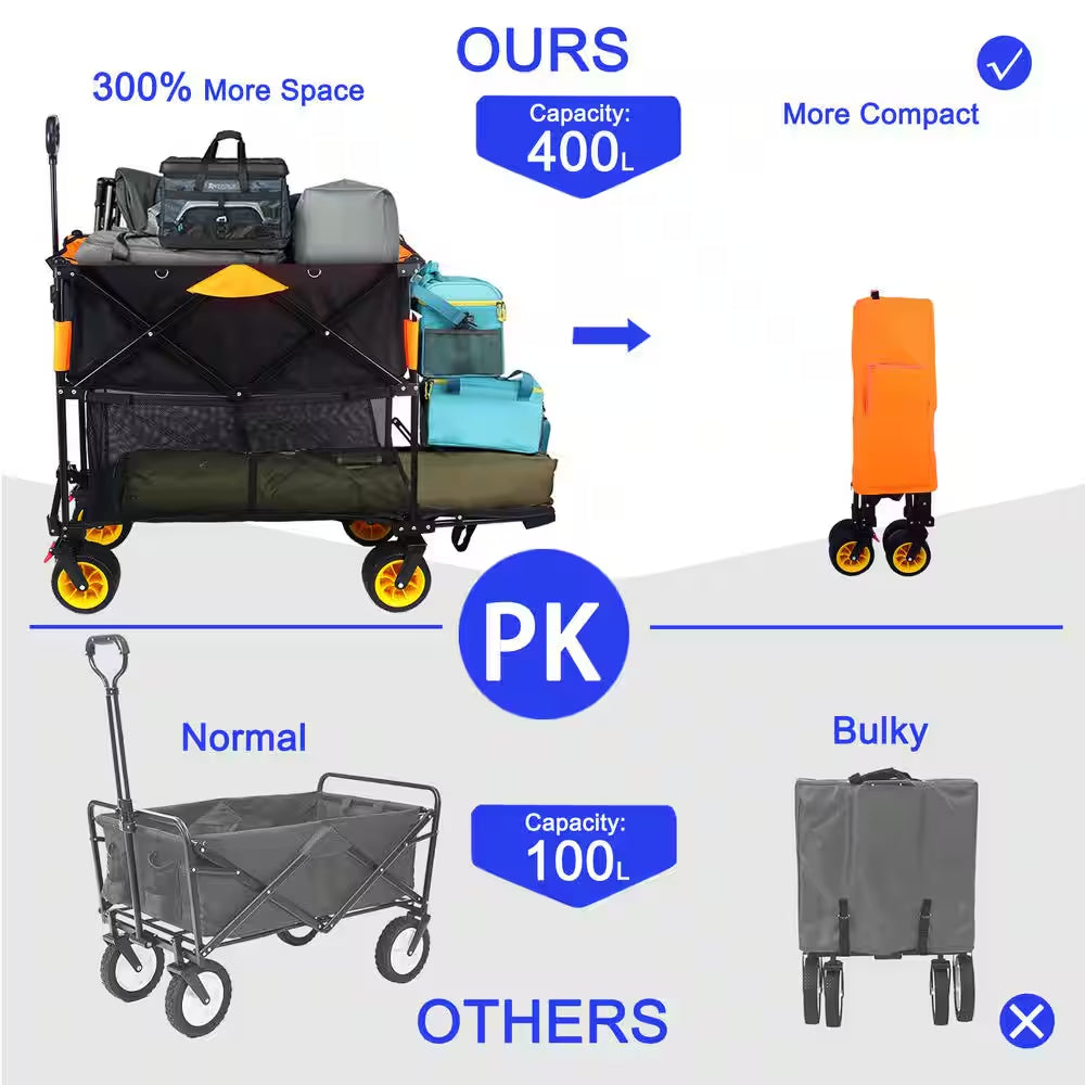 14.13 Cu. Ft. Big Large Capacity Metal Folding Garden Cart Extra Long Extender Folding Wagon Shopping Beach Cart