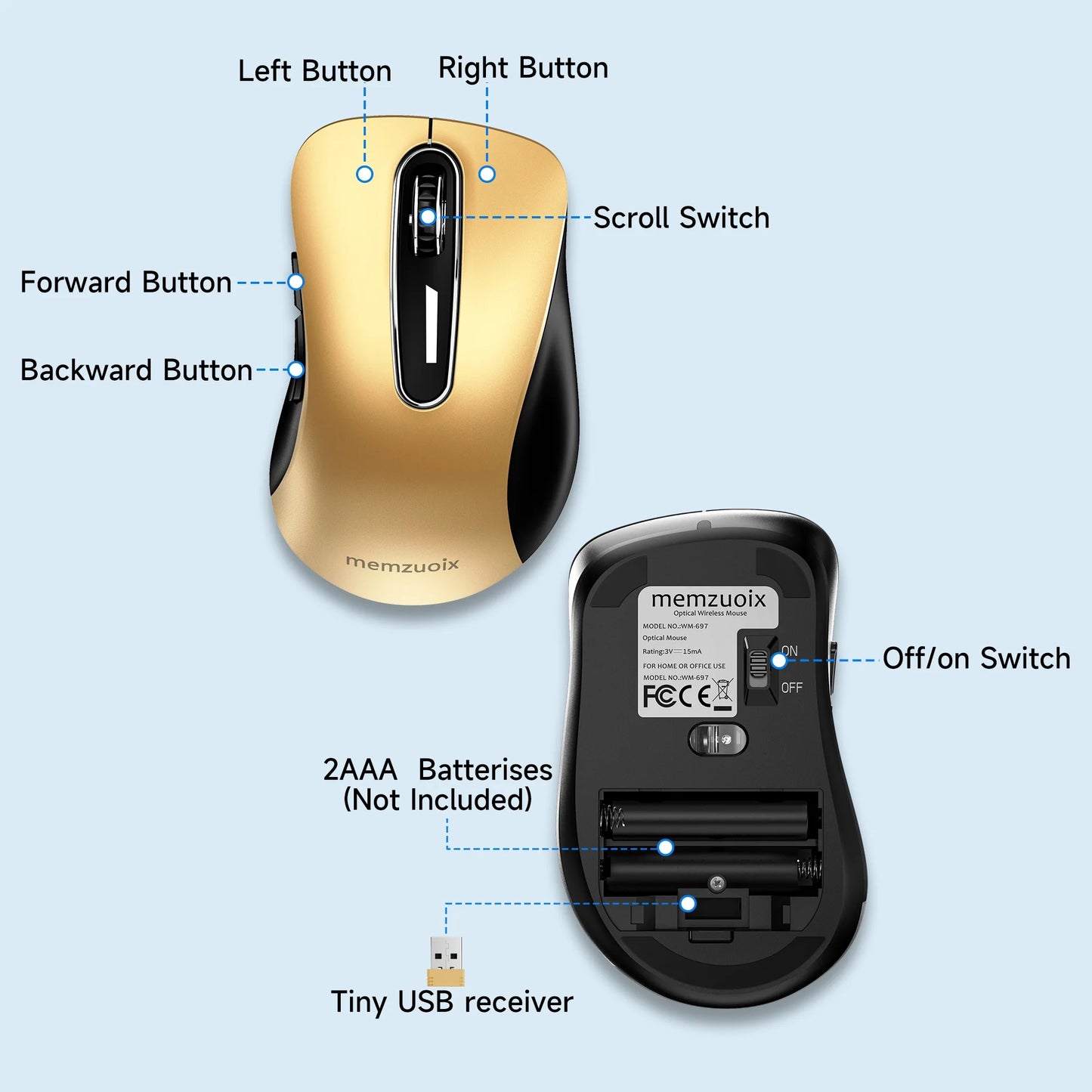 Wireless Mouse, 2.4Ghz with USB Mini Receiver, 1200 DPI Optical Tracking, Ambidextrous for Laptop, PC, Computer, Chromebook, Notebook, 5 Buttons-Bumblebee