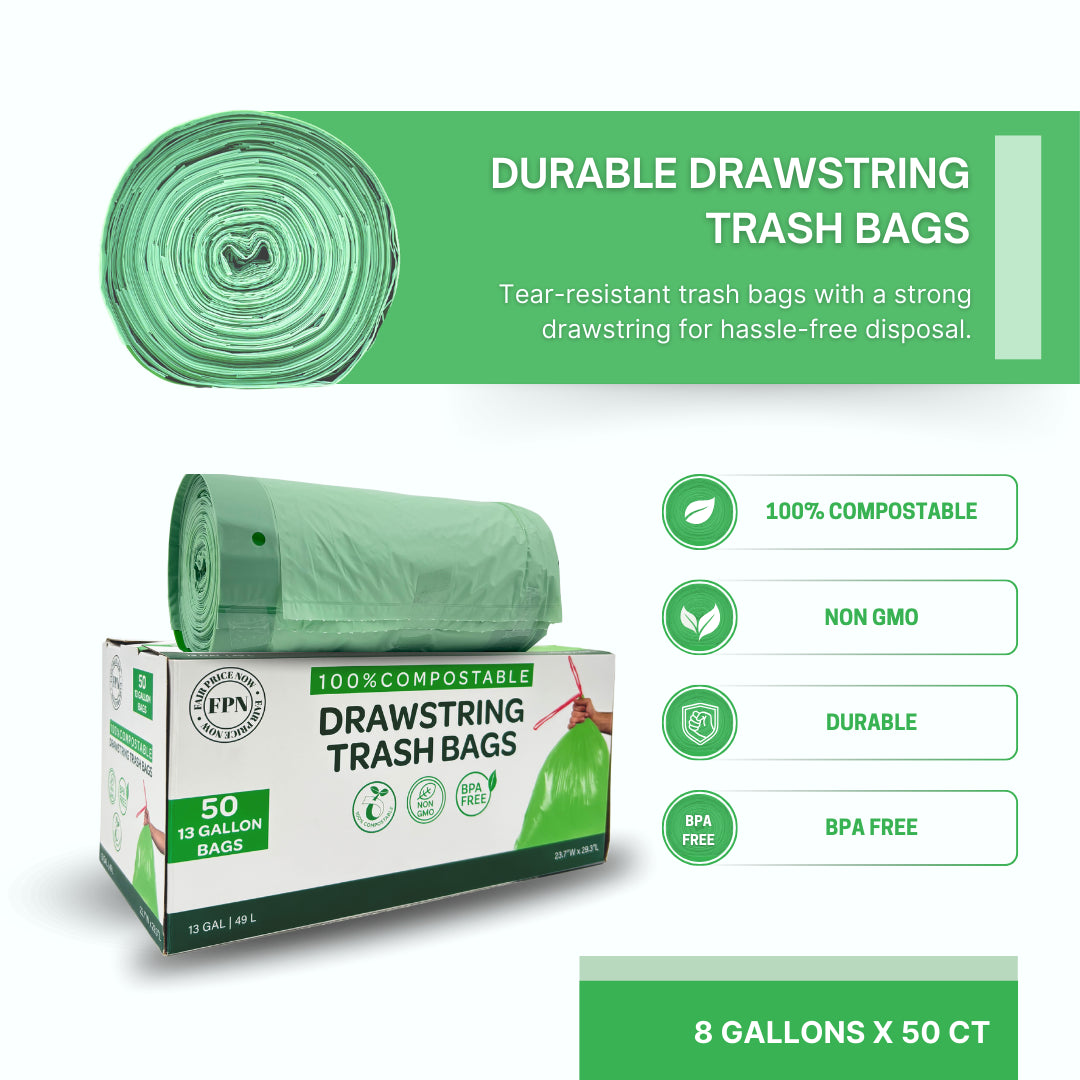 FPN Trash Bags 13 Gallon with Drawstring Durable & BPA Free Garbage Bags 50/Pack