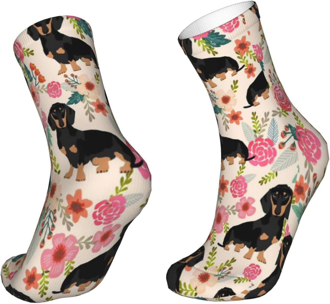 Dachshund Socks for Women,Funny Novelty Crew Crazy Socks Gifts for Men Women Pink Flowers