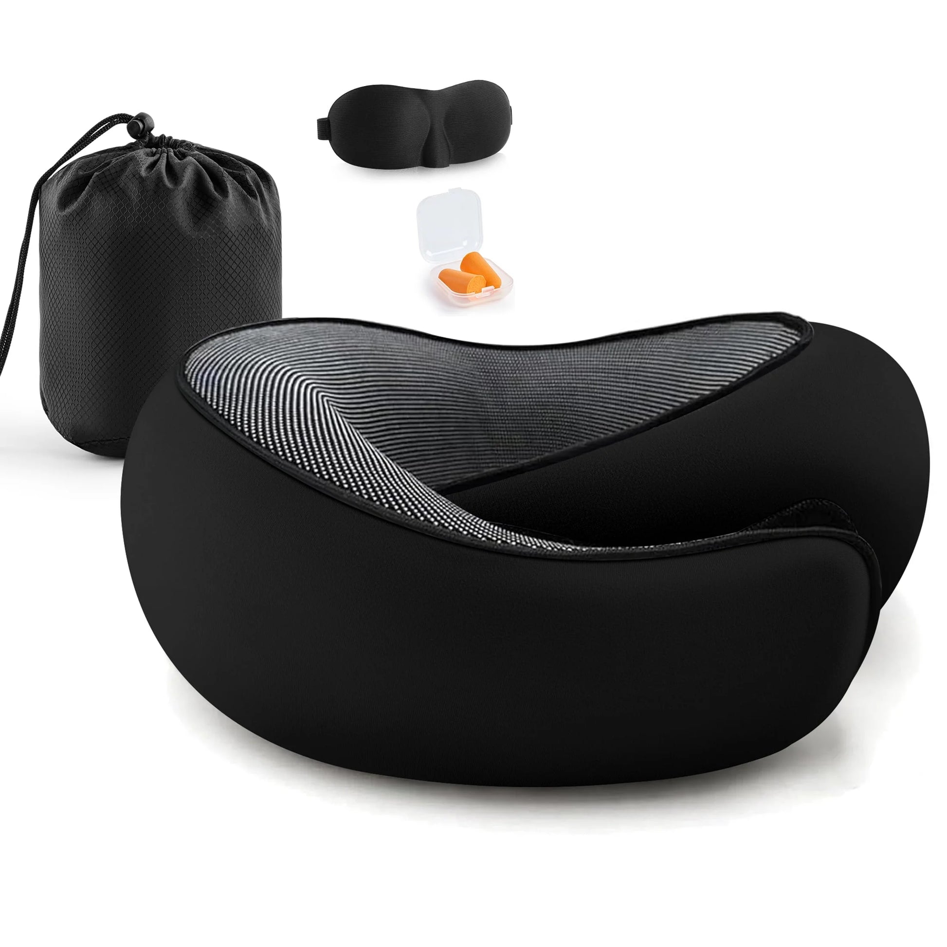Travel Pillows for Airplanes, Travel Neck Pillow Travel Pillow, 360° Support Memory Foam Travel Pillow with 3D Contoured Eye Mask, Earplugs and Storage Bag for Airplanes Offices, Cars, Black